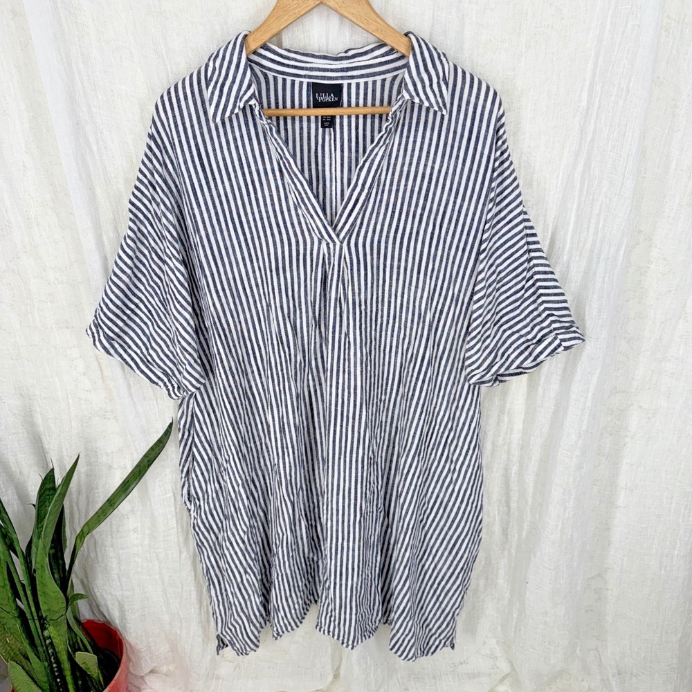 Ulla Popken Stripe Linen Blend Pop Over Dress Size 28 Coastal Nautical Fisherman